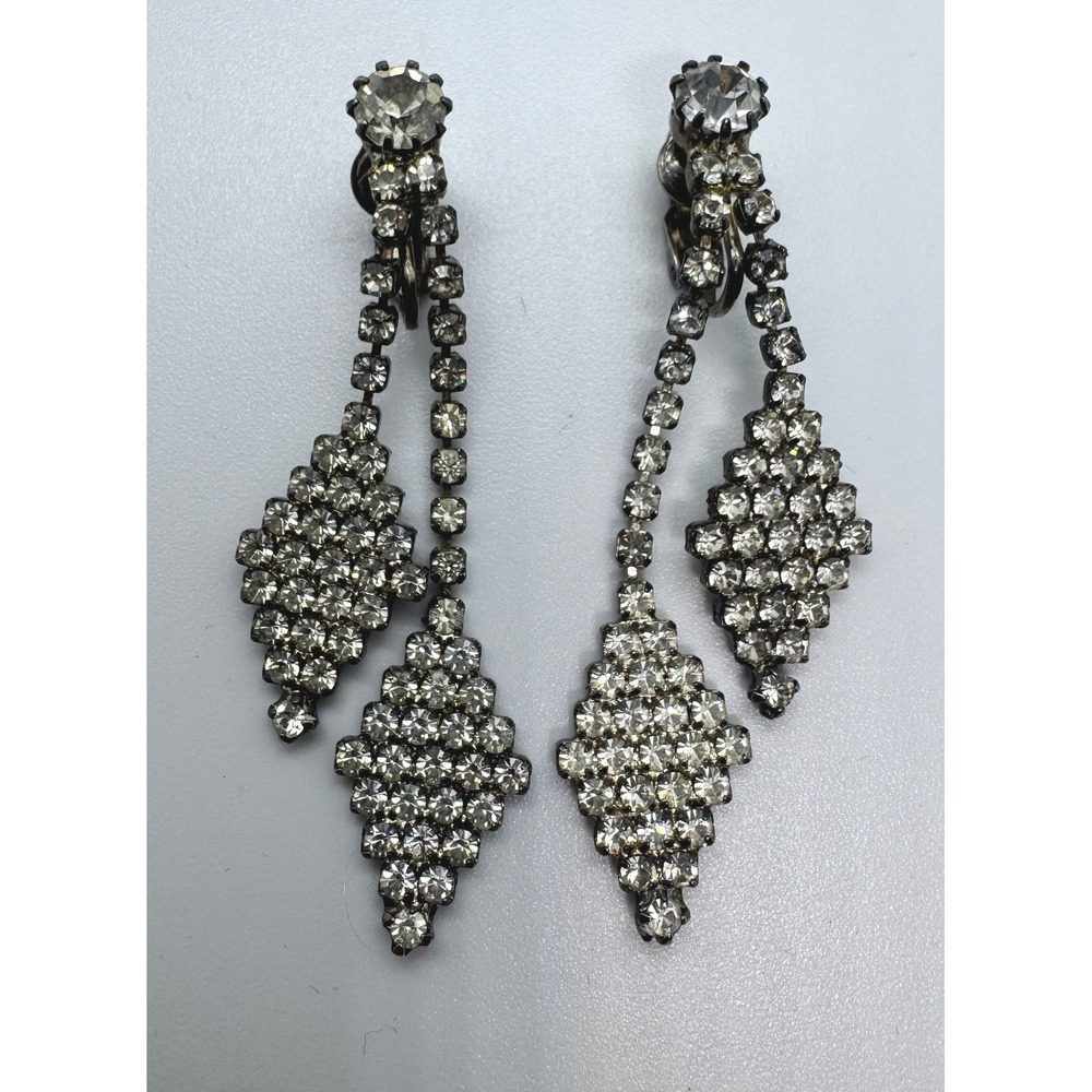 Vintage Rhinestone Chandelier Dangle Earrings Silver Tone Clip On Mid Century
